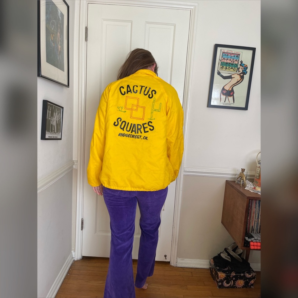 70s Vintage Cactus Yellow Windbreaker w. Name Patch and Back Graphic
